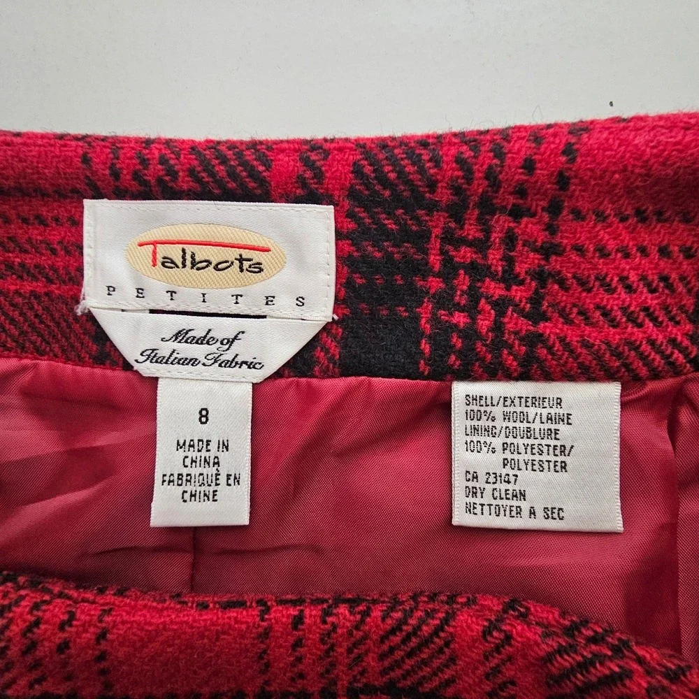 VTG Talbots 8 Petite Wool Plaid Skirt Italian Fabric‎ Red Black Academia Preppy